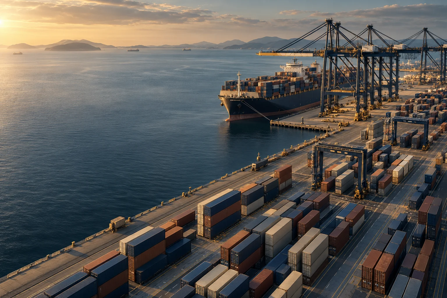 Imagen conceptual de un puerto de comercio internacional